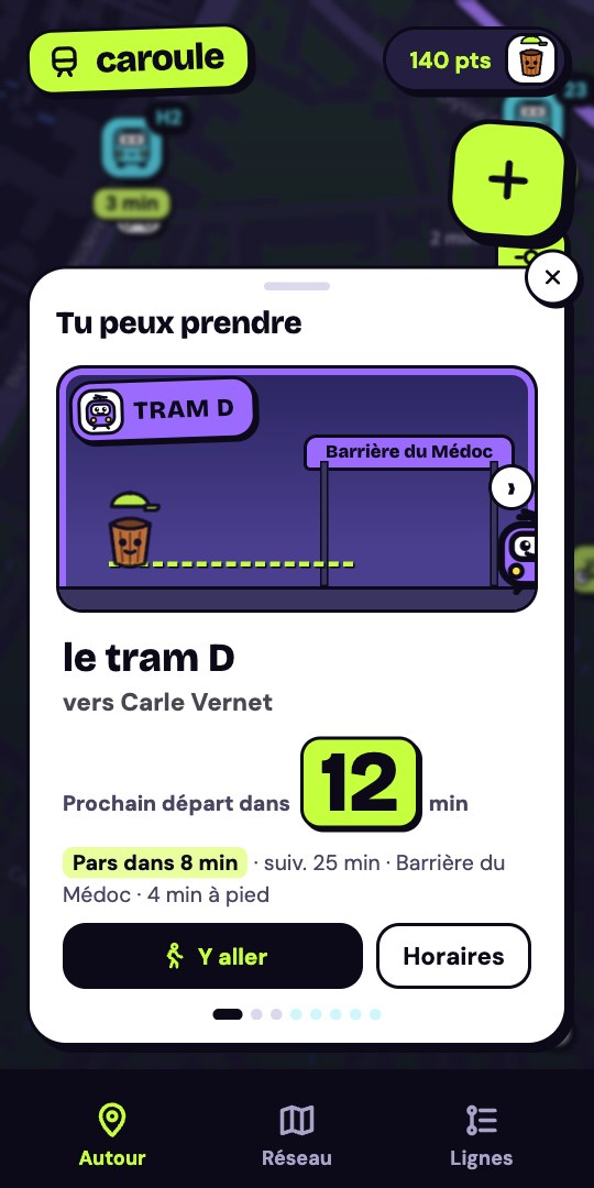 L'accueil de caroule : la carte autour de toi et « Tu peux prendre », les trams à attraper et dans combien de minutes