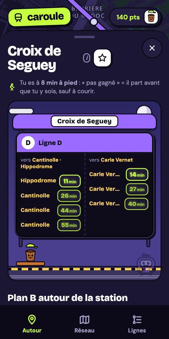 Une station dessinée : l'abri, son nom, les écrans des prochains départs dans chaque sens